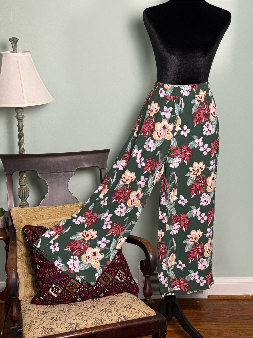 Loft Floral Wide-Leg Pants in Green Size Small